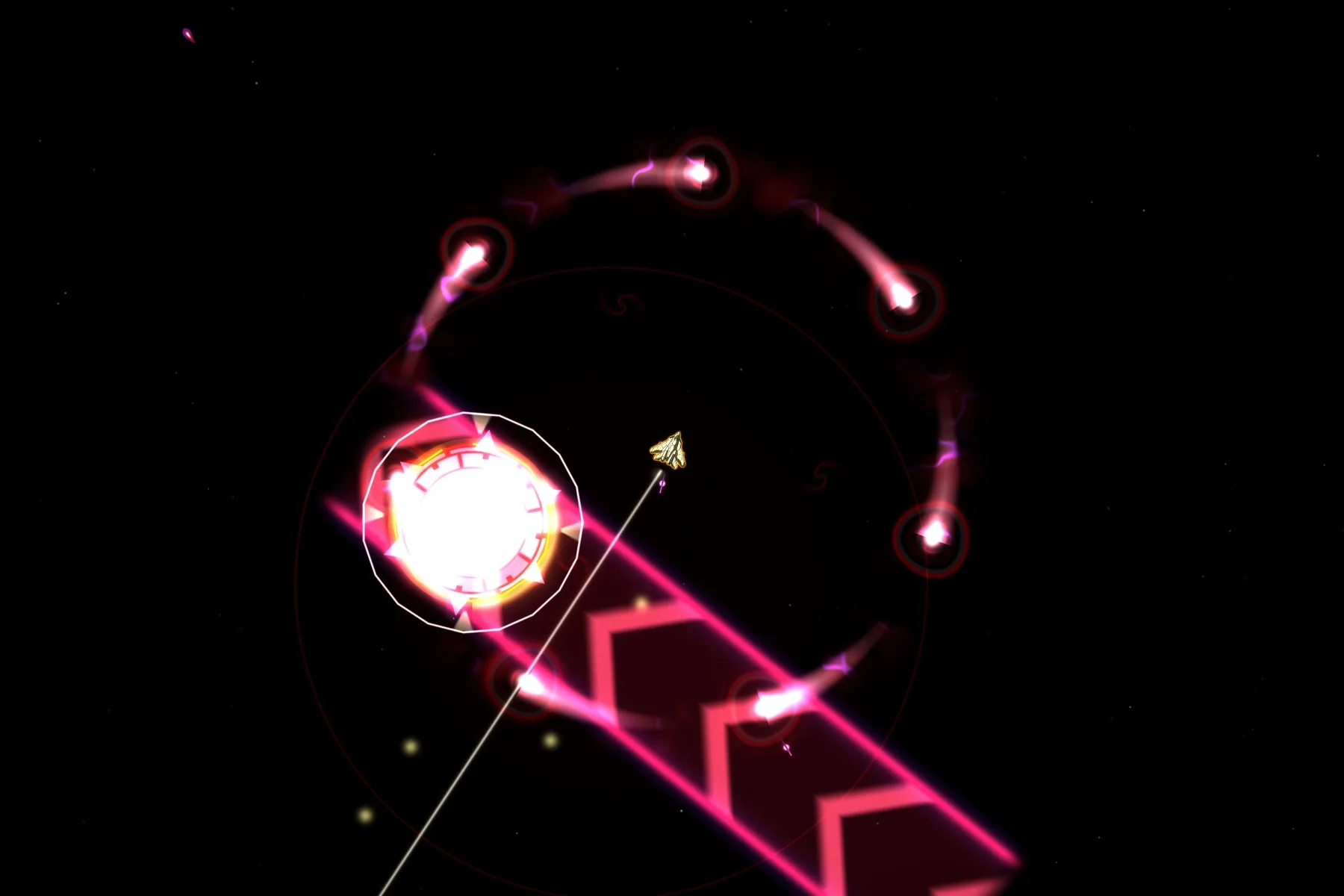 The Warden boss charging down its glowing lane toward the player's ship