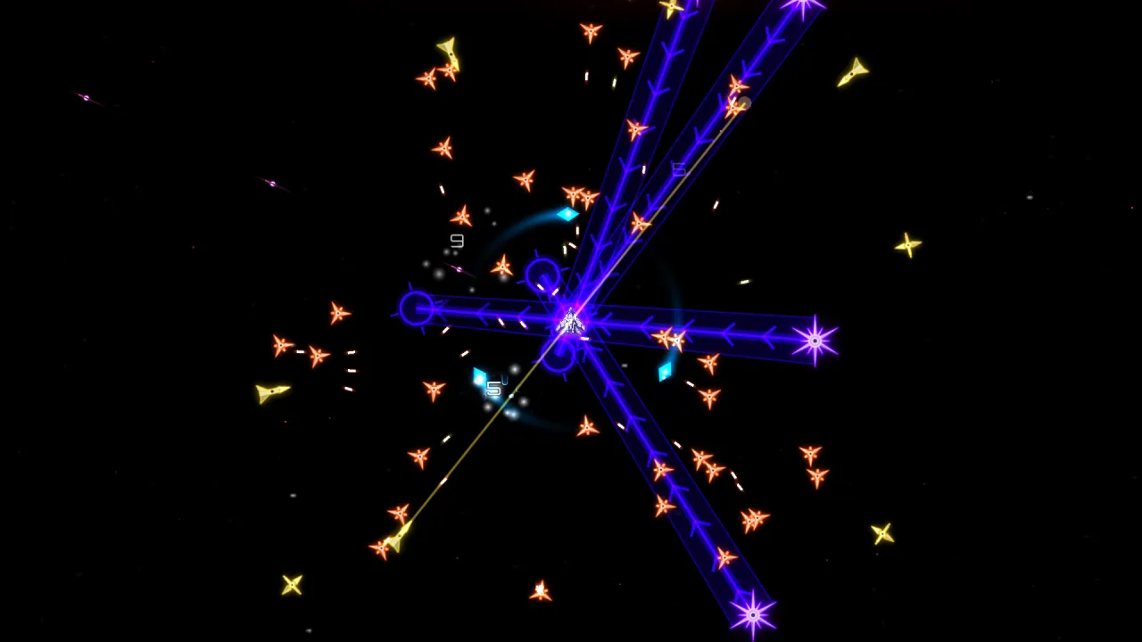 The Fire dimension: orange enemies swarming the ship under crossing violet beams
